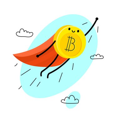 Kripto para birimi kavramı. Çizgi film bitcoin karakteri. Bitcoin kırmızı paltolu bir süper kahraman gibi uçar. Vektör çizim.
