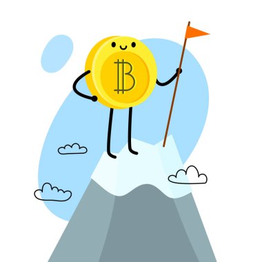 Kripto para birimi kavramı. Çizgi film bitcoin karakteri. Bitcoin dağın standları ve bayrak tutar. Vektör çizim.