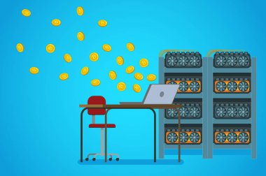 Cryptocurrency kavramı. Dijital para madencilik. Düz tasarım, vektör çizim