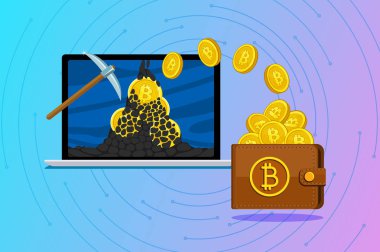 Cryptocurrency kavramı. Bitcoins ve kazanç cryptocurrency bulmak için madencilik. Bitcoin dizüstü bilgisayar ekranında. Düz tasarım, vektör çizim.