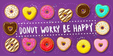 Çörek çörek endişe ile mutlu unutmayın. Farklı çörek kalpleri ve mor arka plan üzerinde daire şeklinde. Vektör çizim.