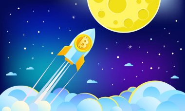 Kripto-para kavramı. Roket bitcoin simgesi olan aya uçan. Kripto para birimi hype vektör çizim.