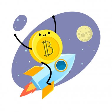 Kripto para birimi kavramı. Çizgi film bitcoin karakteri. Bitcoin aya roket üzerinde uçar. Vektör çizim.