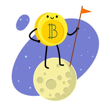 Kripto para birimi kavramı. Çizgi film bitcoin karakteri. Bitcoin ayın üzerinde duruyor ve bayrak tutar. Vektör çizim.