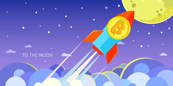 Concepto Criptomoneda Cohete Volando Luna Con Icono Bitcoin Crypto Moneda — Vector de stock