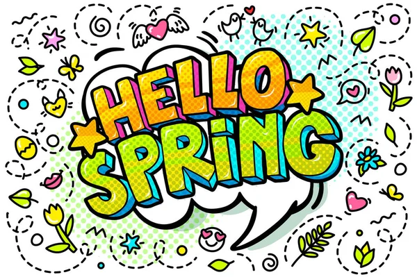 Hello Spring Word Bubble Message Pop Art Comic Style — Stock Vector