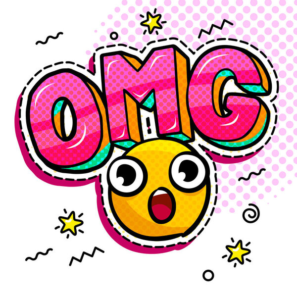 OMG in comic speech bubble with heart emoji. Message in pop art comic style with hand drawn smile. Vector illustration.