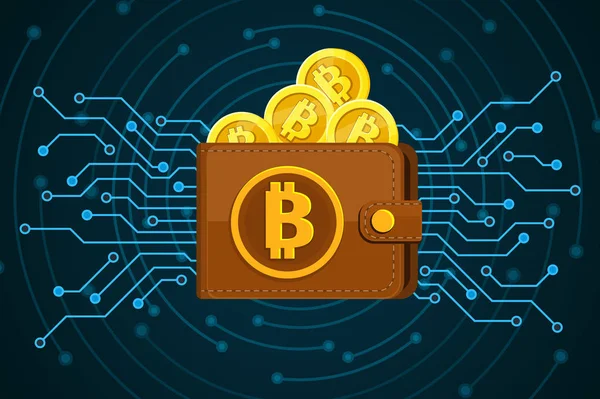 Концепція Крипто Валюти Коричневий Bitcoin Гаманець Монет Синьому Фоні Плоский — стоковий вектор