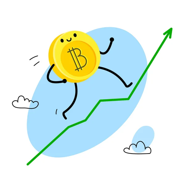 Concept Crypto Currency Cartoon Bitcoin Character Bitcoin Runs Green Arrow — Stock Vector