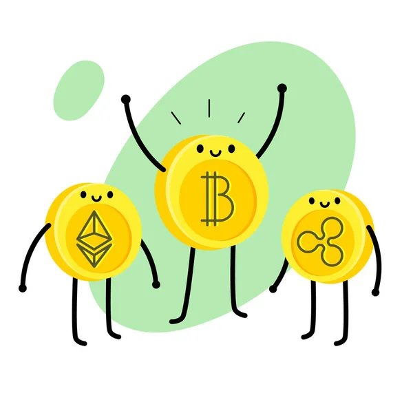 Koncepcja Krypto Waluty Bitcoin Postać Kreskówki Bitcoin Stoi Etherium Marszczyć — Wektor stockowy