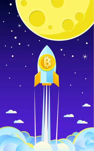 Koncept Crypto Měny Raketa Letí Měsíc Ikonou Bitcoin Šifrovací Měny — Stockový vektor
