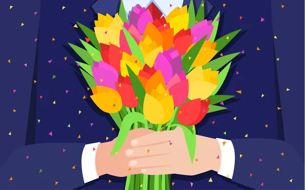 Concept Celebration Bouquet Beautiful Flowers Business Man Holding Out Bunch — Stock Vector