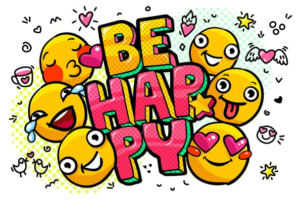 Happy Word Bubble Message Pop Art Comic Style Hearts Emoji — Stock Vector