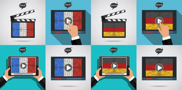Concepto Aprendizaje Idiomas Estudia Francés Alemán Placa Producción Películas Pantalla — Vector de stock