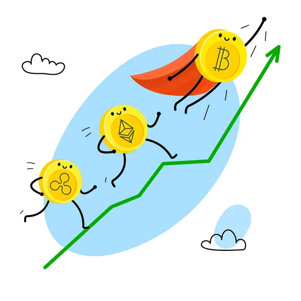 加密货币的概念 卡通比特币字符 比特币像超级英雄一样在红大衣中飞翔 Etherium 和涟漪在绿箭上奔跑 矢量插图 — 图库矢量图片