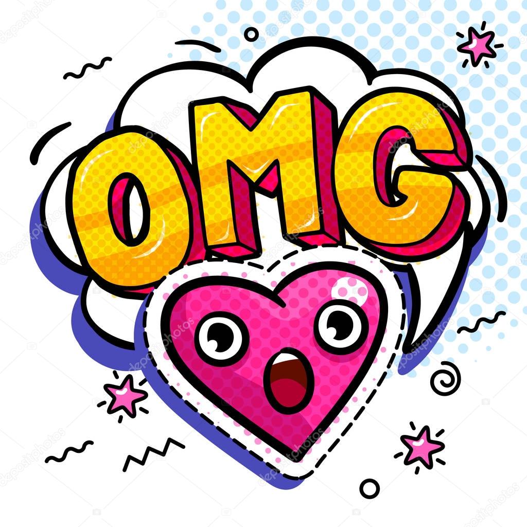 OMG in comic speech bubble with heart emoji. Message in pop art comic style with hand drawn heart. Vector illustration.