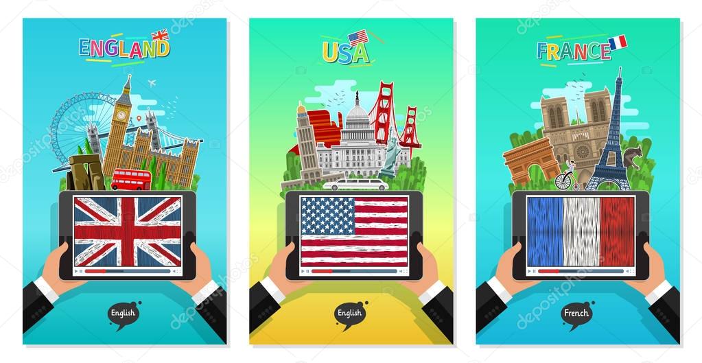 Concept of travel or studying English and French. Male hands holding a tablet with landmarks and hand drawn english and french flag on the tablet screen. Flat design, vector illustration