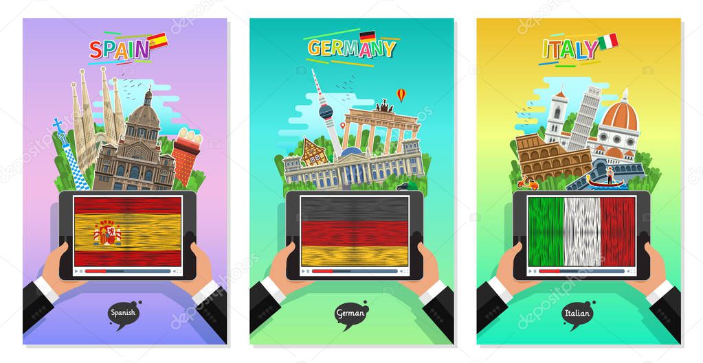 Concept of travel to Spain, Germany and Italy or studying Spanish, German, Italian. Male hands holding a tablet with landmarks and hand drawn flags on the tablet screen. Flat design, vector illustration