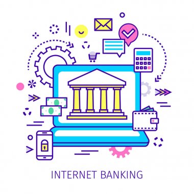 Ekran ve simgeleri çizim vektör çizim Bankası sembolü ile açılan not defteri.