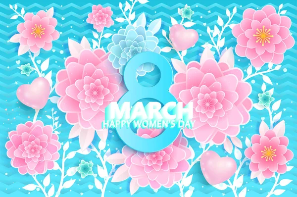 Березня Щасливий Жіночий День Вітальна Листівка Рожевими Квітами Синьому Фоні — стоковий вектор