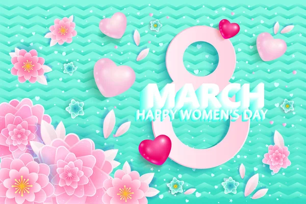 Marzo Feliz Día Mujer Tarjeta Felicitación Con Flores Rosadas Corazones — Vector de stock