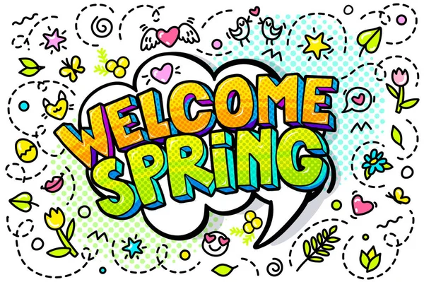 Welcome Spring Word Bubble Pop Art Comic Style — Stock Vector