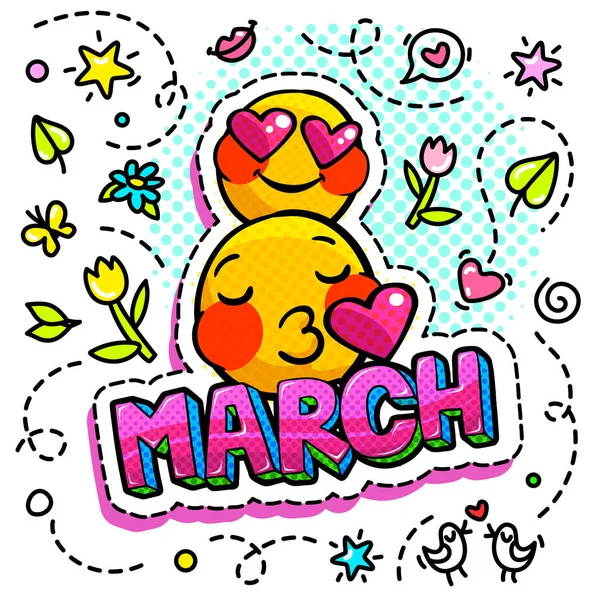 März Internationaler Frauentag Grußkarte Pop Art Stil — Stockvektor