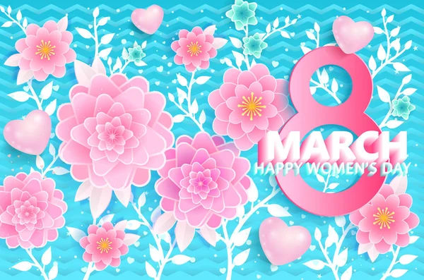 Marzo Día Internacional Mujer Tarjeta Felicitación Con Flores Decorativas Corazones — Vector de stock