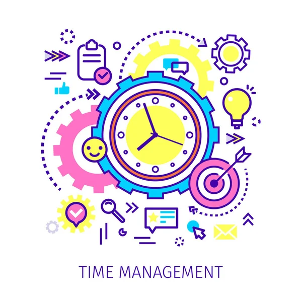 Concepto Gestión Del Tiempo Con Engranajes Reloj Iconos — Vector de stock