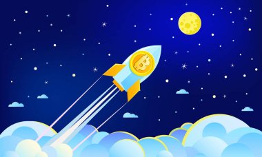 Aya bitcoin simgesi ile uçan roket.