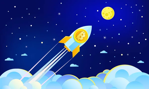 Rocket Volare Sulla Luna Con Icona Bitcoin — Vettoriale Stock