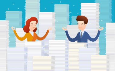 İş adamı ve iş kadını evrak ile boğulmuş