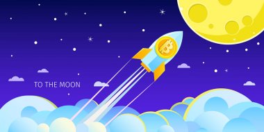 Roket bitcoin simgesi ile ay için uçan