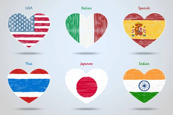Ensemble de drapeaux en forme de cœur — Image vectorielle