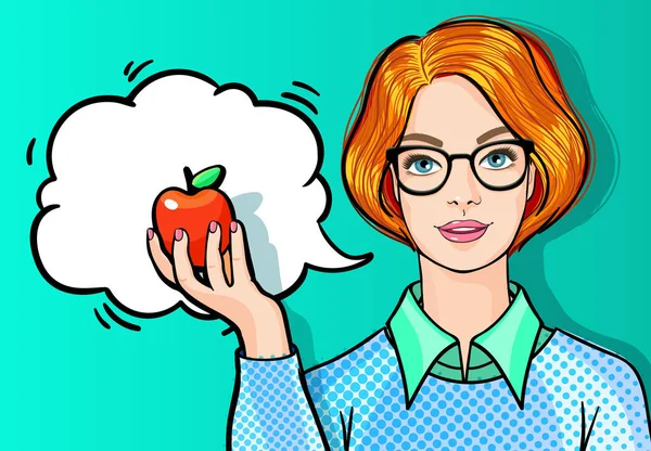 Mujer feliz sosteniendo manzana roja — Vector de stock