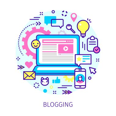Bloglama kavramını. Açık defter ile blog ve Hat sanatı tarzında simgeler. Düz tasarım, çizim vektör çizim