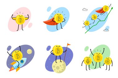 Kripto para birimi kavramı. Çizgi film bitcoin karakter kümesi. Vektör çizim.