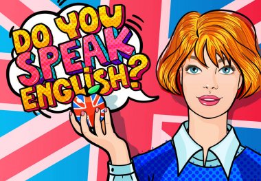 İngilizce eğitim veya seyahat kavramı. Apple ile güzel bir kız. İfade çizgi roman konuşma balonu İngilizce biliyor. Kadın pop sanat tarzı.