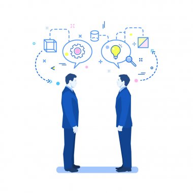 Ekip çalışması kavramı. İki adam konuşma, tartışma ve fikir alışverişi. Düz tasarım, vektör çizim.