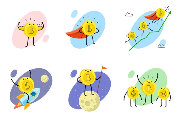 Concepto Moneda Crypto Conjunto Personajes Bitcoin Dibujos Animados Ilustración Vectorial — Vector de stock