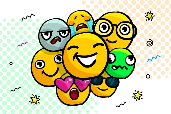 Grupo Emoticones Sonrisa Con Expresiones Faciales Divertidas — Vector de stock