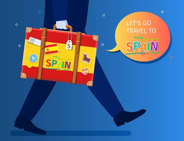 旅行到西班牙或学习西班牙语的概念 我们去旅游留言吧 一个商人走着 拿着一个带着西班牙国旗和地标的手提箱 平面设计 矢量图解 — 图库矢量图片