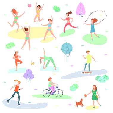 Açık hava etkinliği illüstrasyon. Mini insanlar. Kadın, koşma spor, yoga Park
