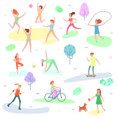 Outdoor activity illustration. Mini people. Sport, running women, yoga in park clipart
