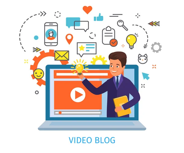 Concept Van Video Blogging Zakenman Zijn Video Blog Laptopscherm Plat — Stockvector