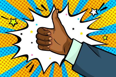 Pop sanatları tarzında bir jest, Afro-Amerikan takım elbiseli birinin mavi sarı arka planda baş parmağını göstermesi. Vektör renkli el çizimi. Çizgi roman tarzında yarım ton..