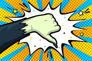 Pop sanat retro tarzında Cadılar Bayramı tebrik kartı. Popüler sanat tarzında sevmeme hareketi. Cadı El baş parmağını gösteriyor. Vektör illüstrasyonu.