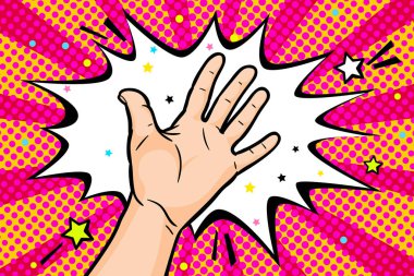 Kırmızı arka planda Retro tarzı pop sanatında açık el hareketi. El verir ya da alır. Vektör illüstrasyonu.