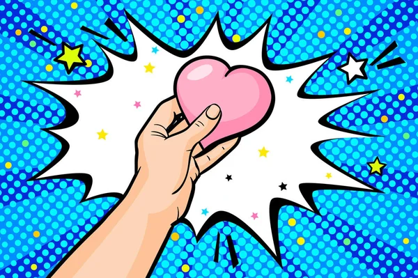 慈善と寄付の概念 あなたの愛を人々に与え 分かち合いなさい 手を心のシンボルを保持 ポップアートスタイルのベクトルイラスト — ストックベクタ