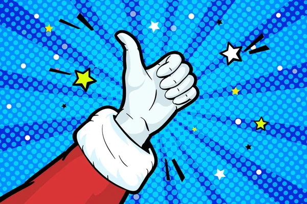Święty Mikołaj Ręka Czerwonym Garniturze Rękawica Pokazując Kciuk Góry Niebieskim — Wektor stockowy